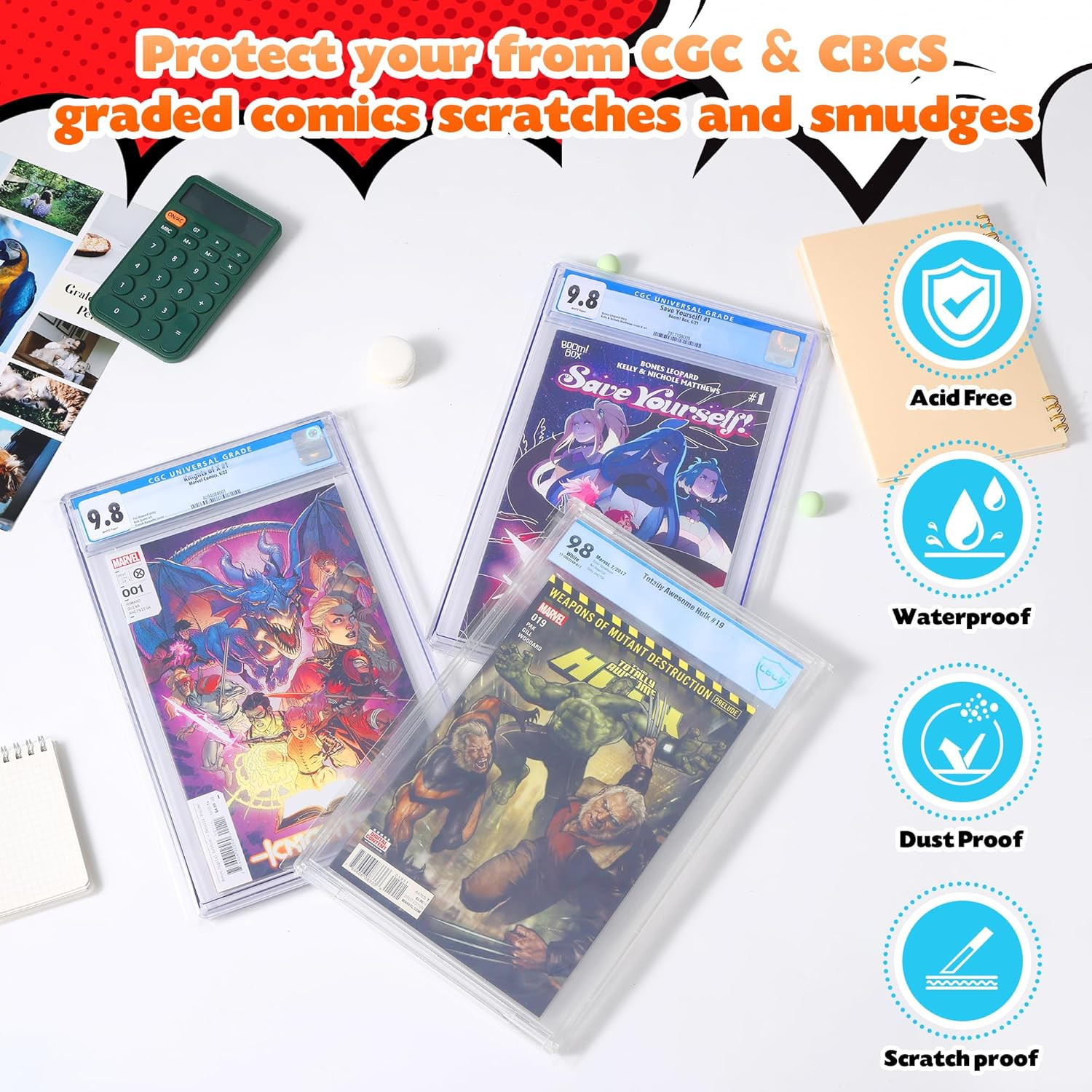 50 Pcs Resealable Graded Comic Book Bags,Clear Plastic Comic Sleeves for CGC and