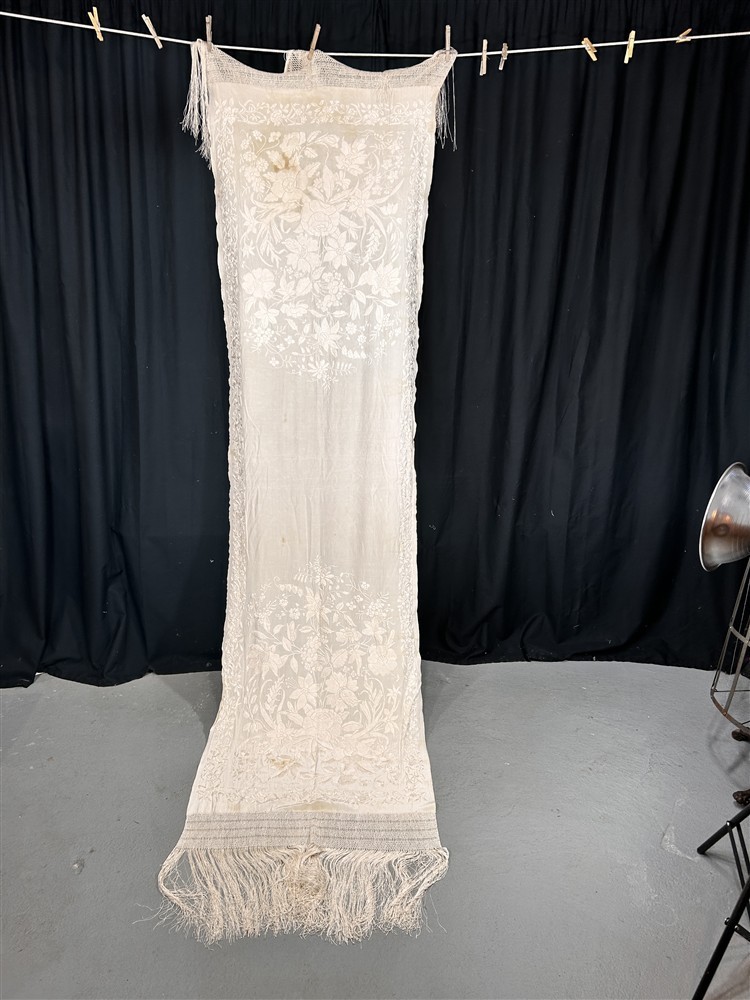 antique silk shawl embroidered white large 26x90 fringe 16 in. original 1800