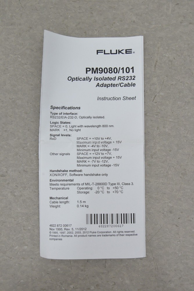 Fluke Optically Isolated RS232 Interface Adapter Cable PM9080/101