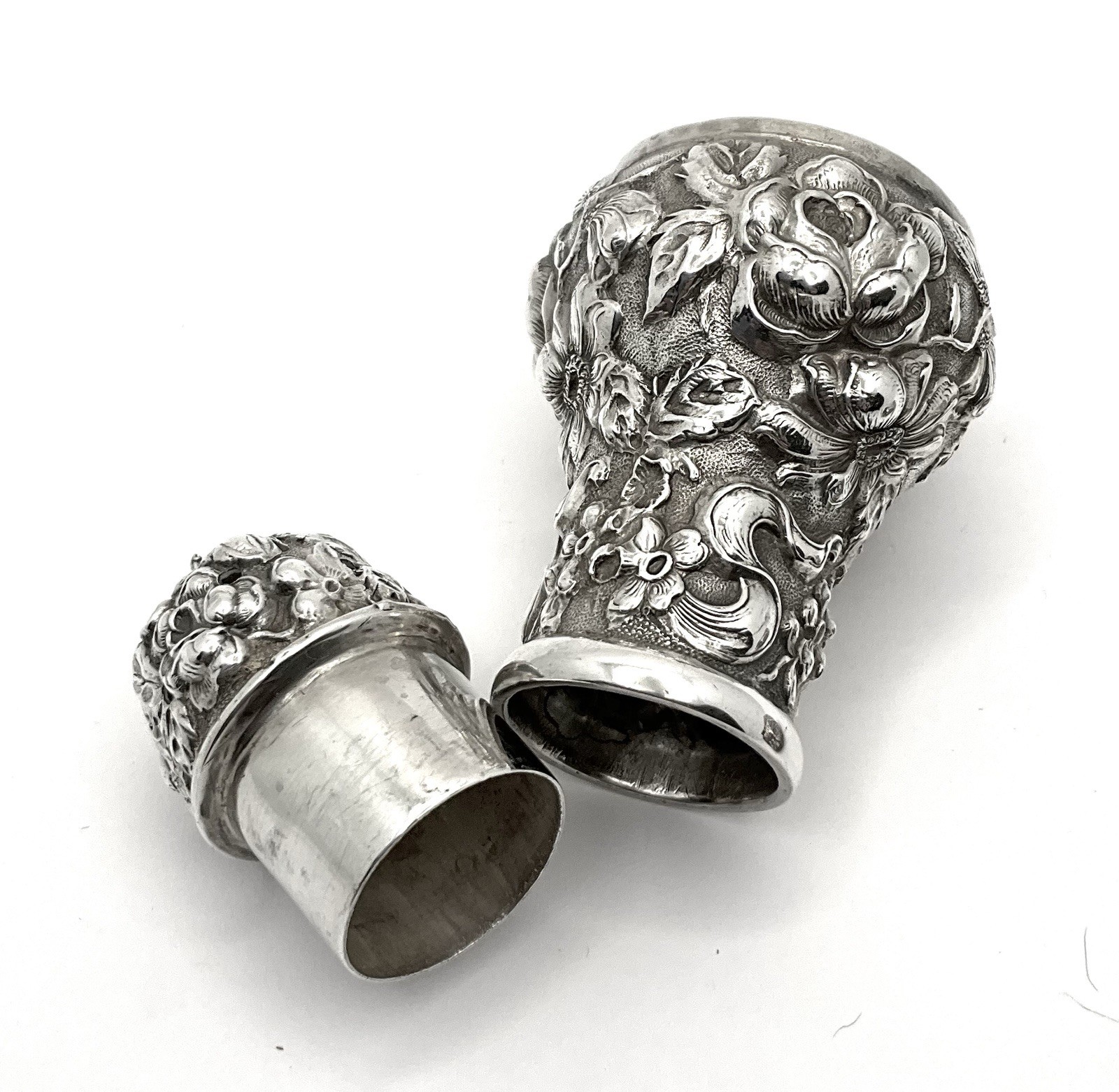 Antique Stieff Rose Repousse Sterling Silver Open Salt Cellar & Pepper C-1920