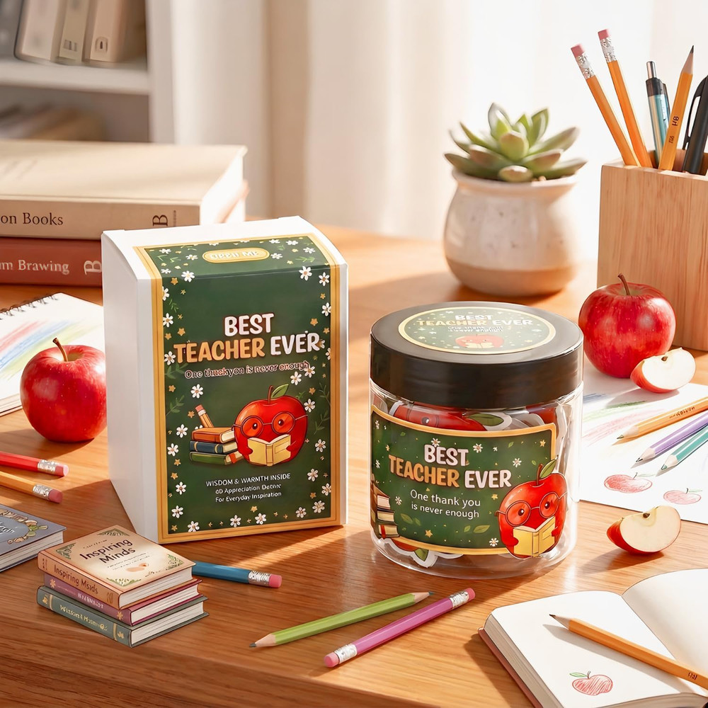 Teacher Appreciation Affirmation Cards Jar 60 Apple Notes Gift Set