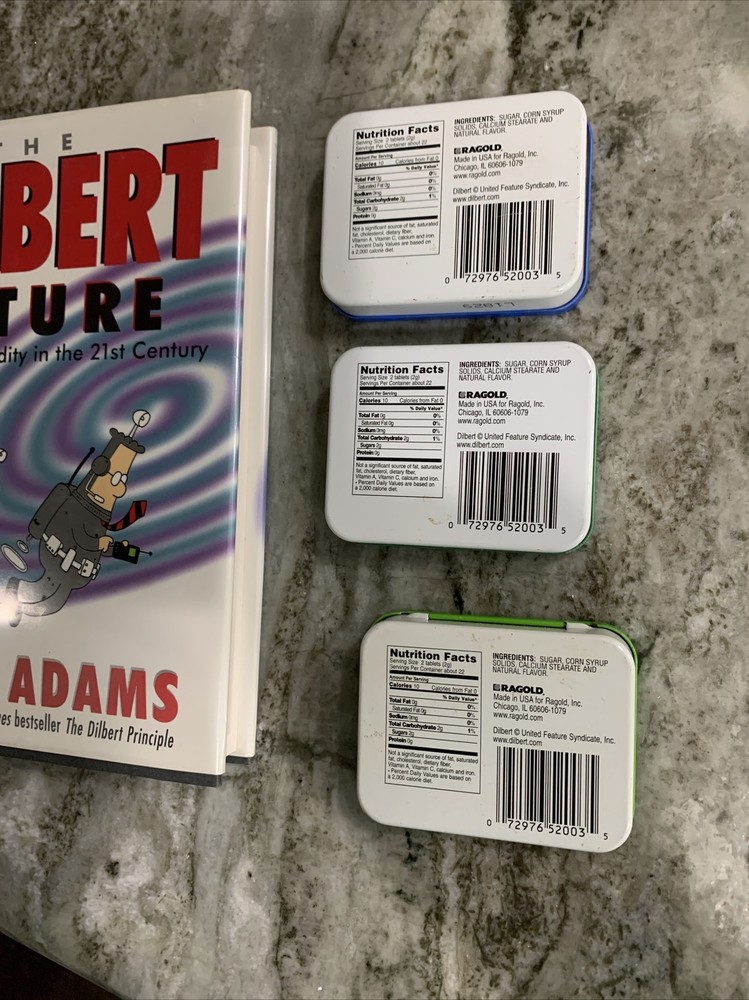 3 Dilbert IMPROVE-MINTS & Accomplish-Mints Candy Tin Box Containers & book, c9