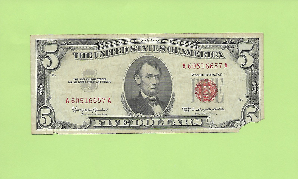 N1S .. 1963 $5  RED SEAL U.S. NOTE  A 6051 6657 A .... 1963 $5  A-A
