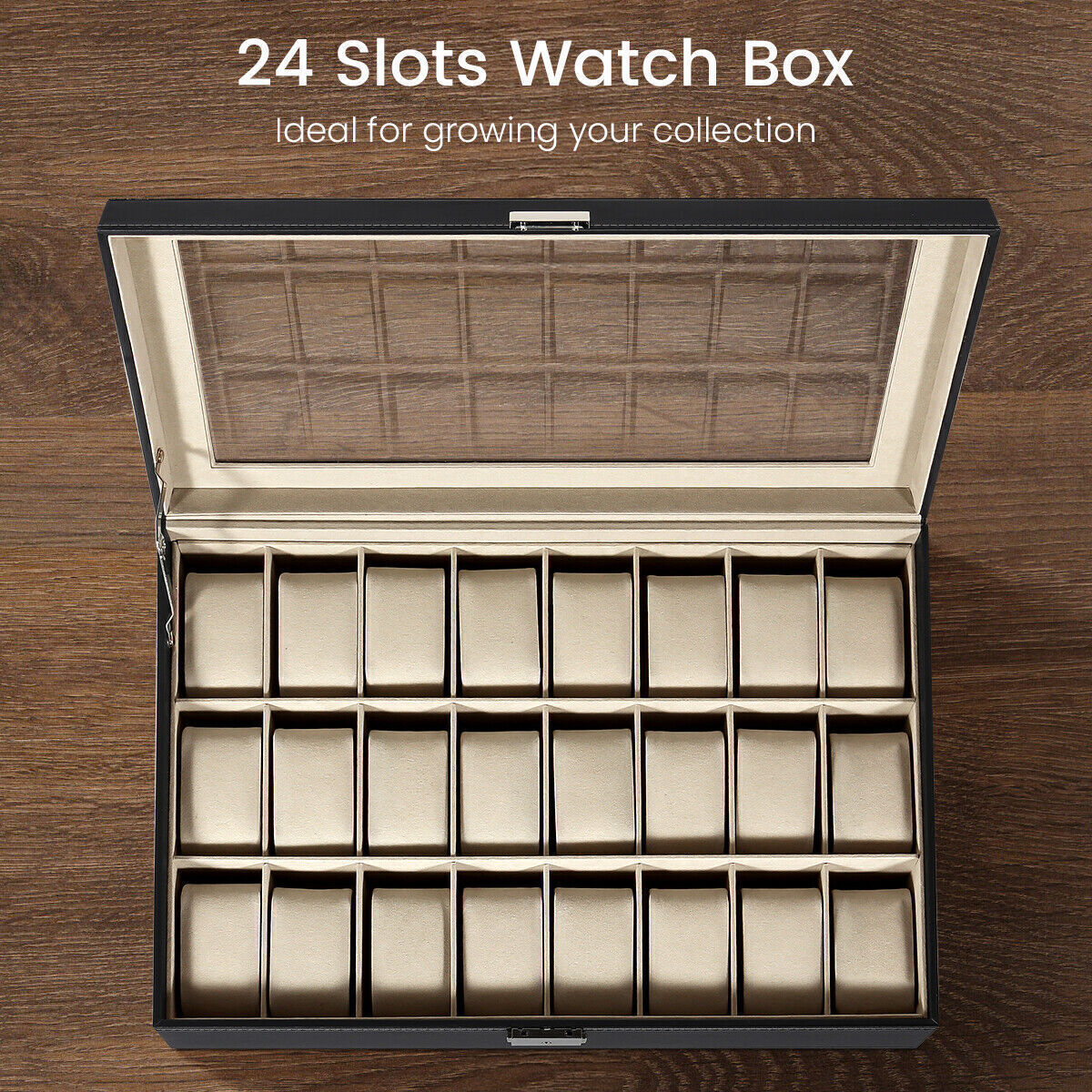 24 Slots Watch Box PU Leather Watch Case Organizer Watch Display Case Lockable