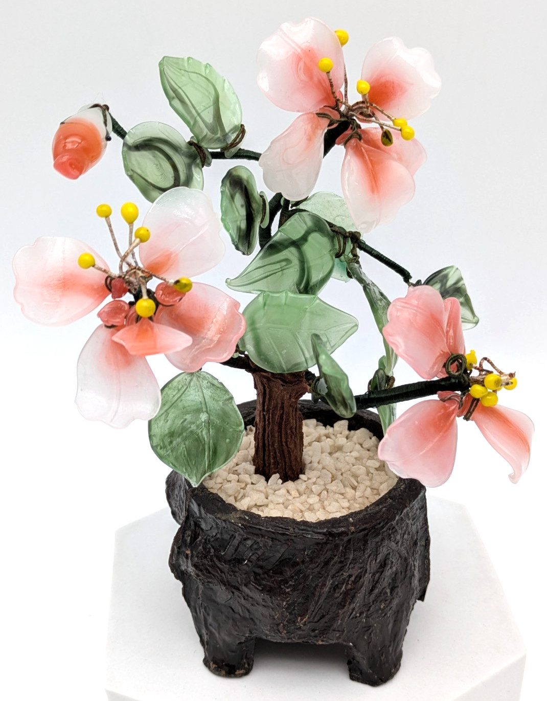 Asian Pink & Green Jade Glass Bonsai Flowers In Footed Pot Signed