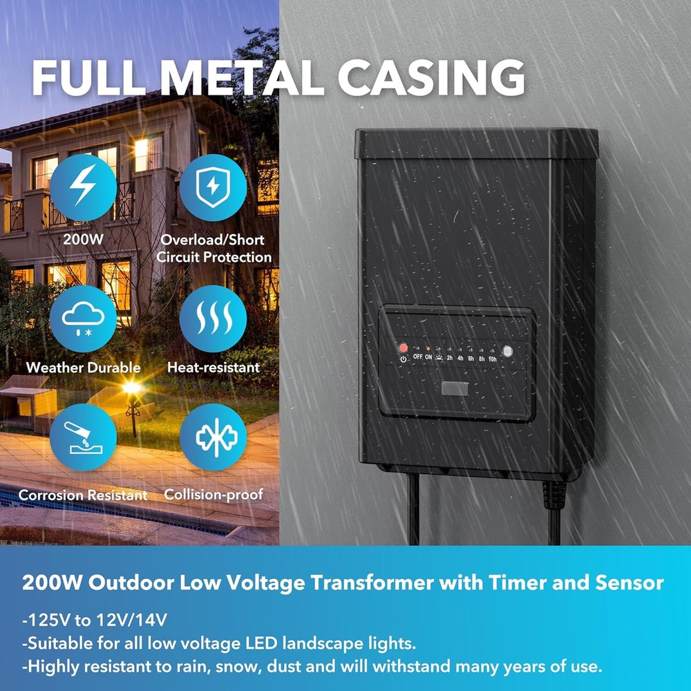 BN-LINK 200W Low Voltage Landscape Transformer with Countdown Timer & Photocell