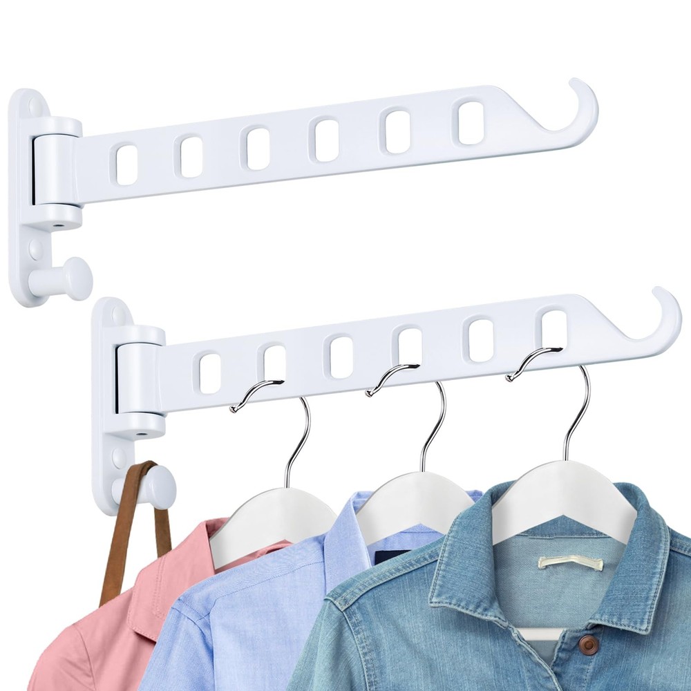 2 PCS White Wall Mounted Swing Arm Laundry Drying Rack With 6 Hole Foldable