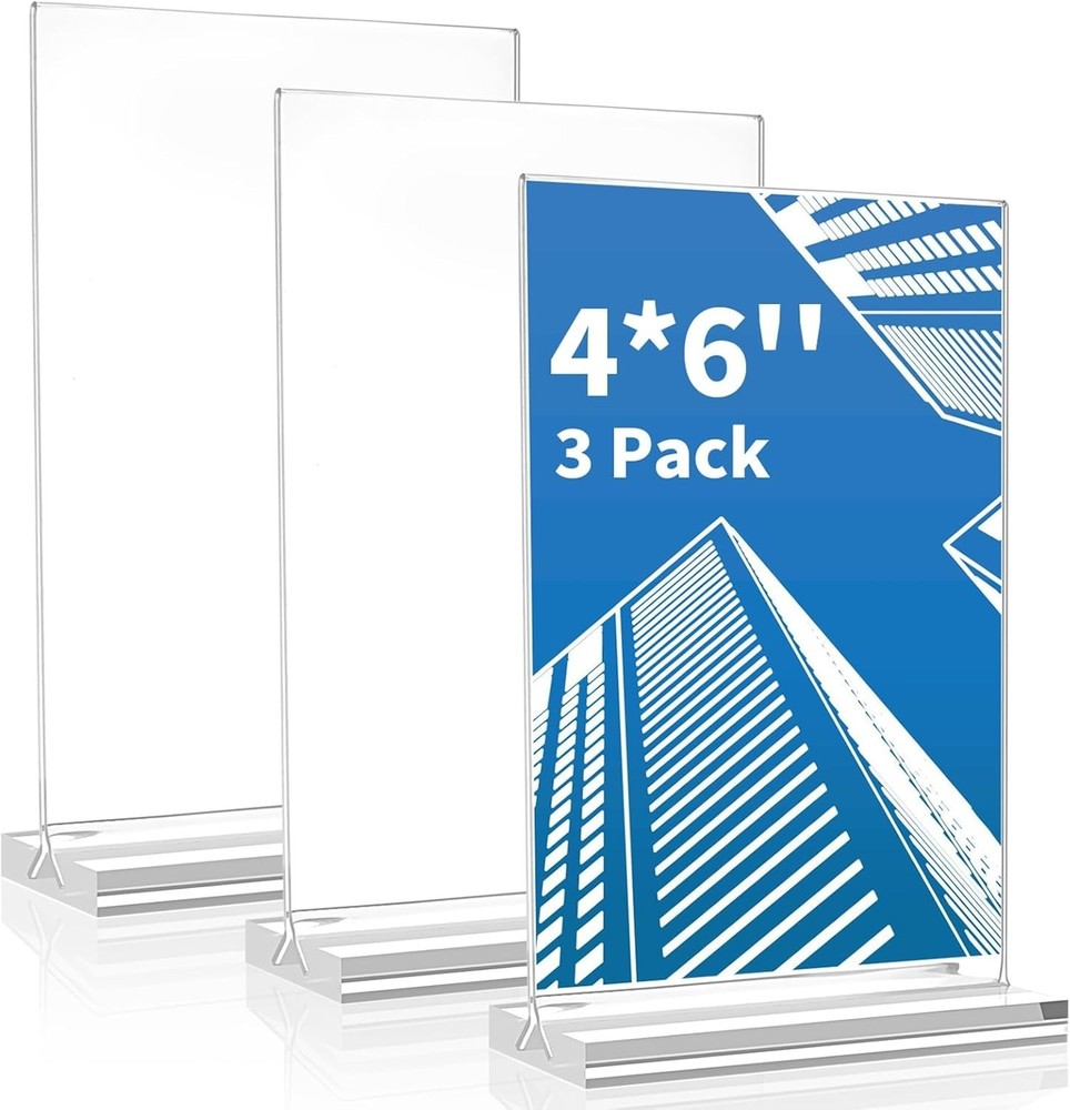 Double-Sided Acrylic Sign Holders 3 Pack - Shatterproof 4x6 Tabletop Display