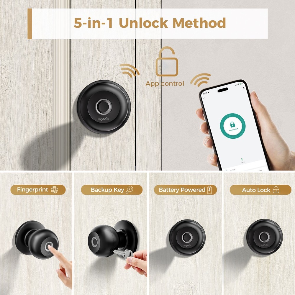 ARPHA Keyless Entry Smart Door Lock Fingerprint App Control Silent Mode Handle