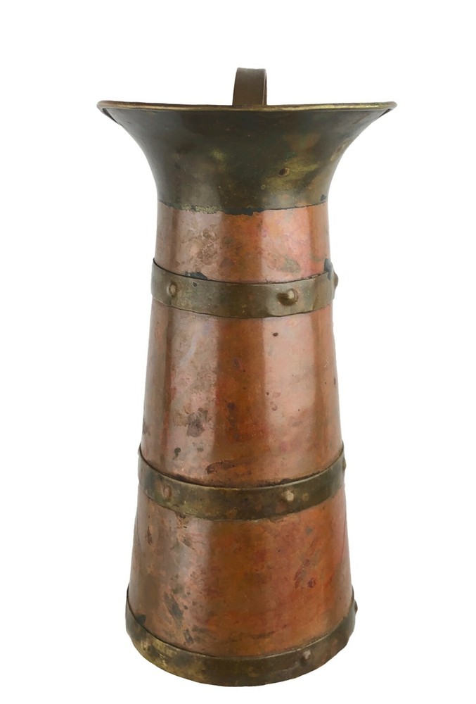 Vintage Copper & Brass Banded Pitcher 8.5"