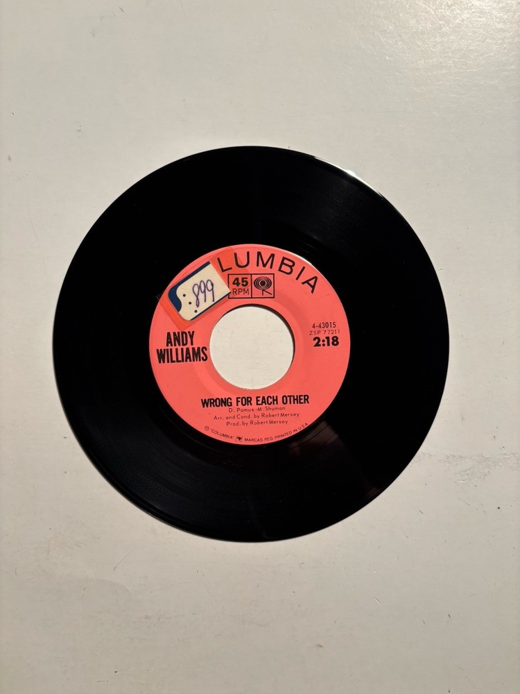 Andy Williams “Wrong For Each Other” Columbia 7” 45 VG+++