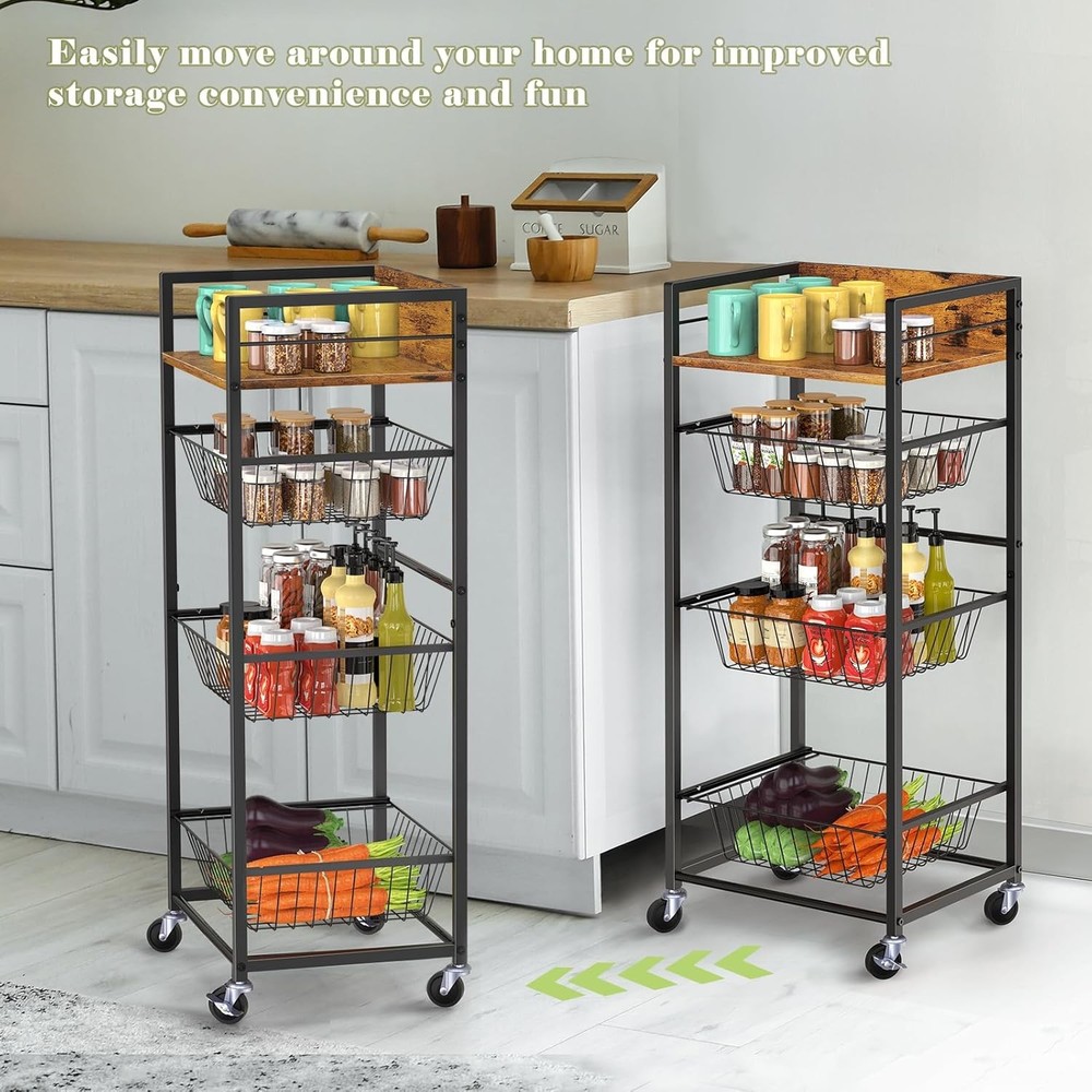 4-Tier Kitchen Rolling Storage Cart w/Pull-Out Baskets Microwave Table Stand