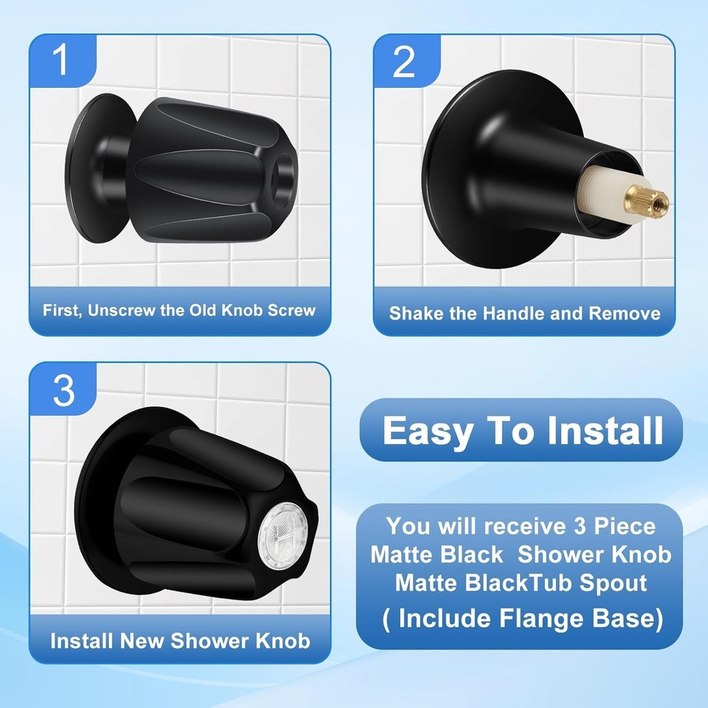 Durable Matte Black Bath Tub Spout & Shower Trim Kit, 3 Knobs Included