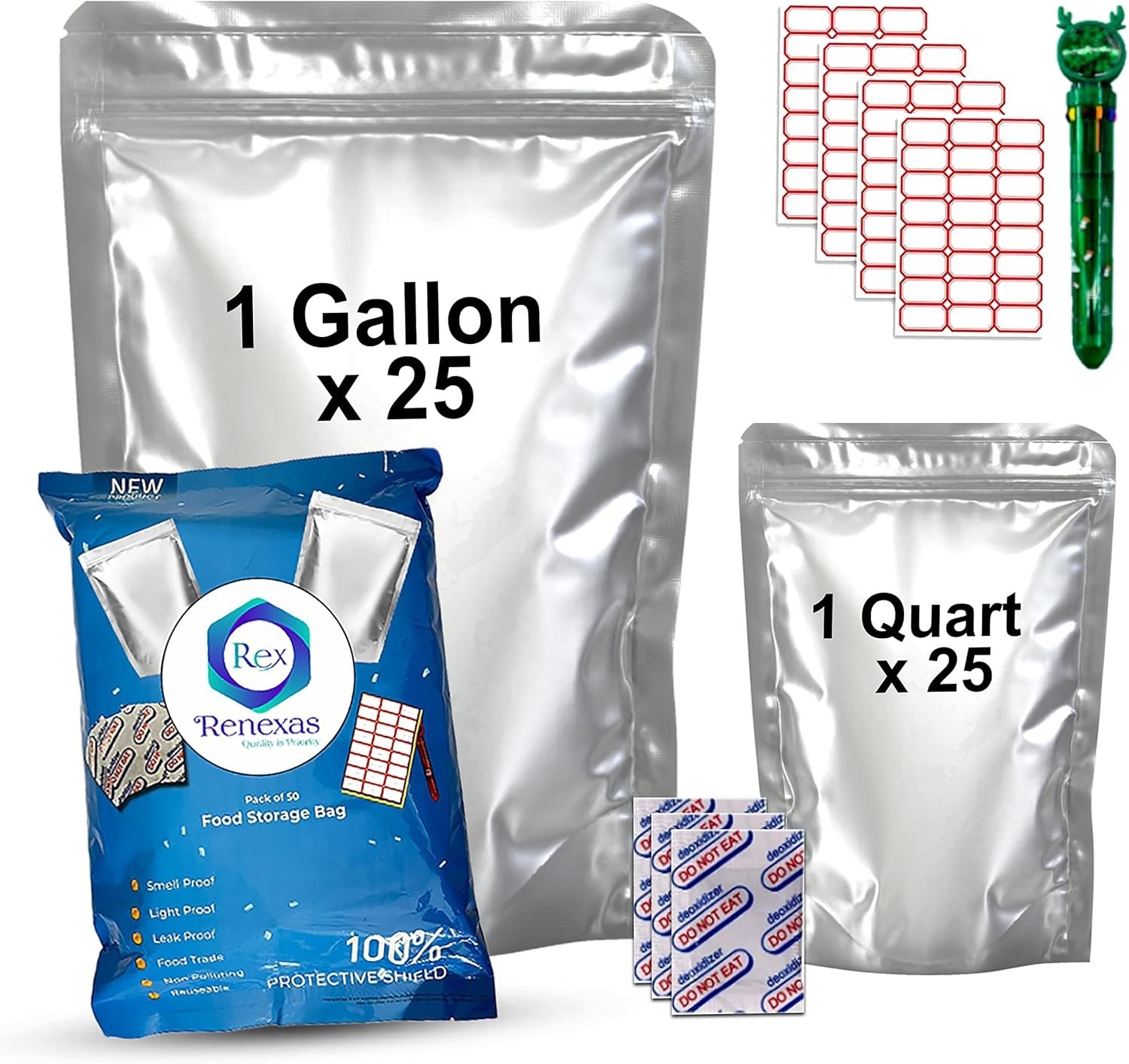 50 Pcs Mylar Bags for Food Storage With Oxygen Absorbers Resealable 9 Mil Silver