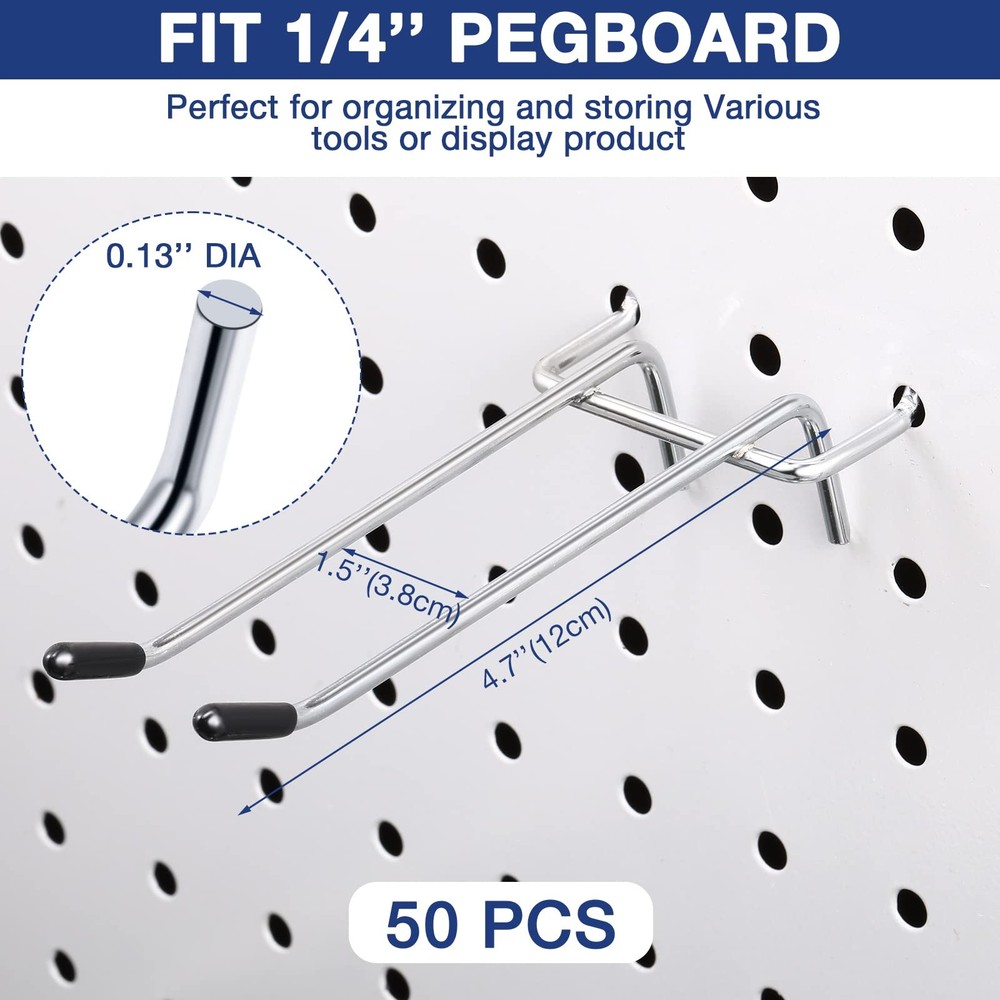 50 Pack Pegboard Hook Stainless Steel Peg Board Tool Utility Hooks Double Arm...