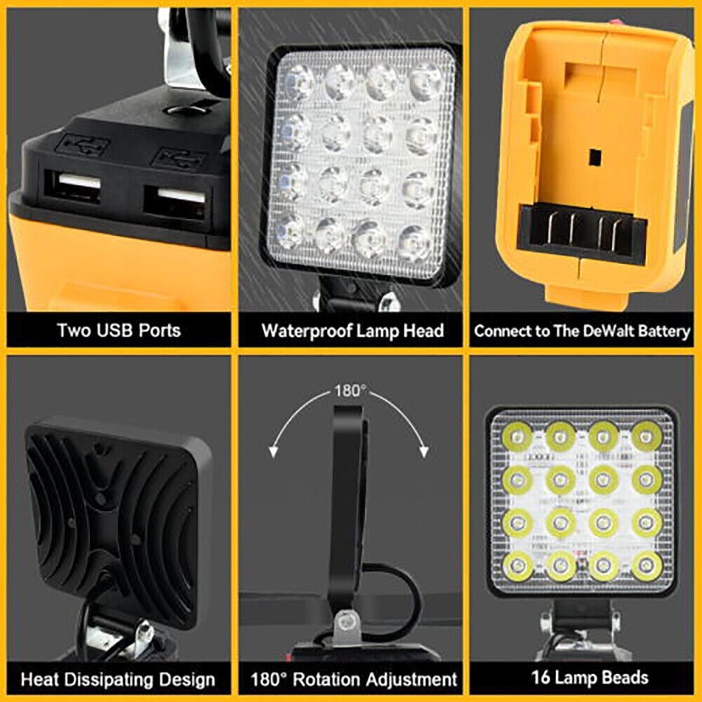 For Dewalt 20V Battery LED Work Light Flood Light Torch 2 USB Workshop Camping