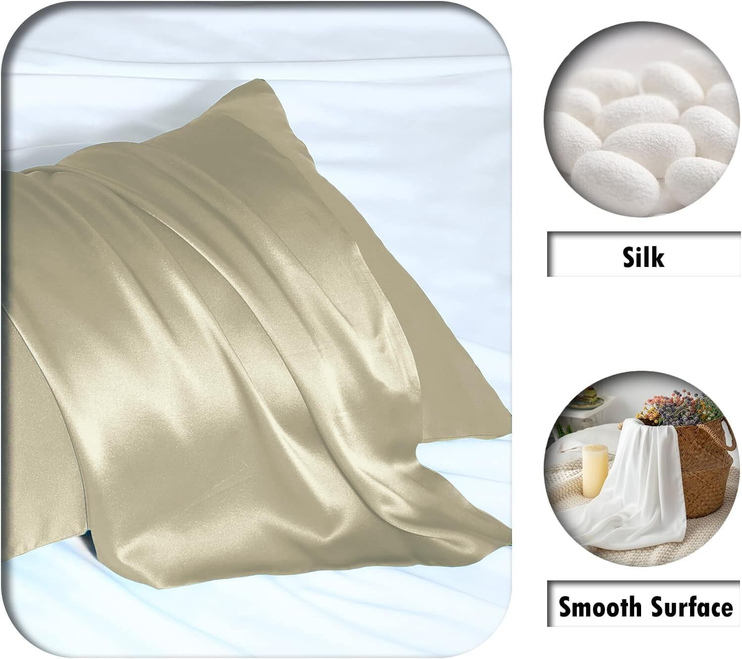 100% Mulberry Silk Pillowcase 25 Momme - Hair & Skin Friendly, Hidden Zipper