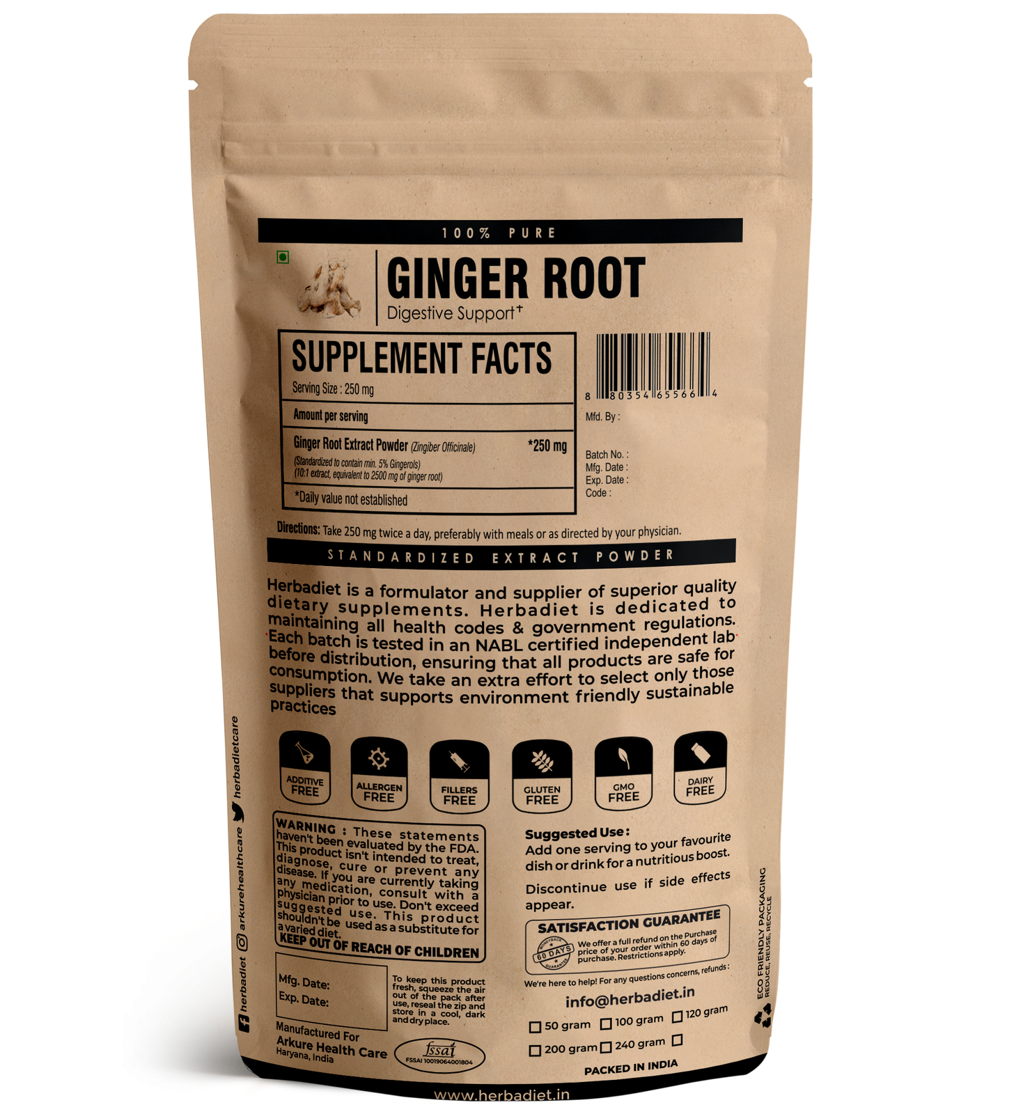 PREMIUM Ginger Root Extract Powder PURE 5% Gingerols Supports Digestive System