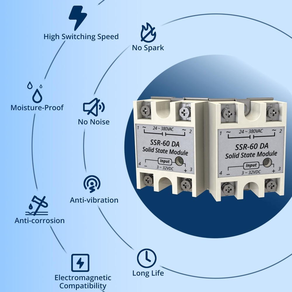 SSR-60DA 3PCS Input 3-32V DC to Output 24-380V AC Single Phase Solid State Re...