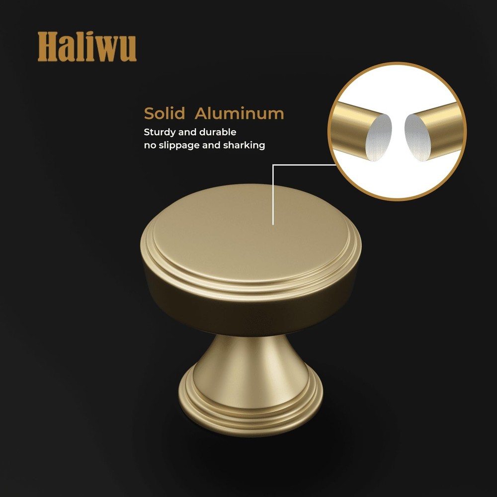 Haliwu 10 Pack Gold Cabinet Knobs Brushed Brass Drawer Knobs, Round Gold Cabi...