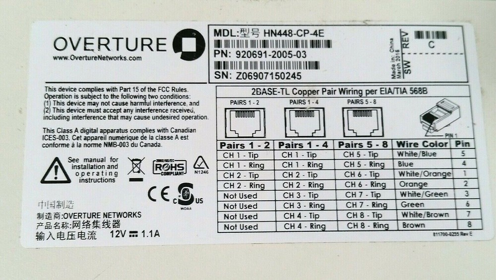 Overture Networks HN448-CP-4E Ethernet Extension 448-cp
