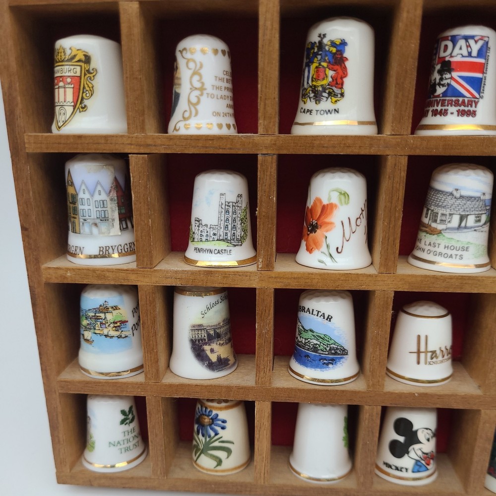 Vintage Thimble Display Case with 100 Mixed Various Thimbles Good Condition
