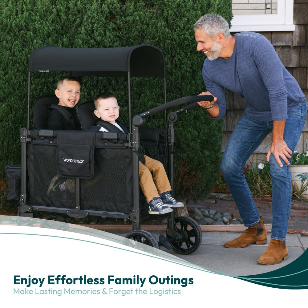 W2 Elite Pro 2-Seater Stroller Wagon - Collapsible with Sun Canopy, Gray