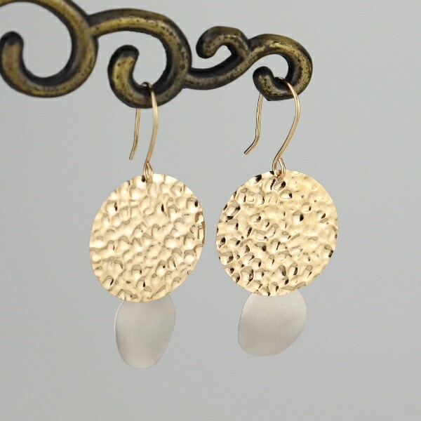 K10 Hammered Double Circle Gold Hook Dangle Earrings (Pair)