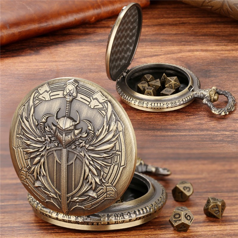 7pcs Mini Solid Metal Polyhedral DND Dice Set Paladin Pocket Watch Case Bronze