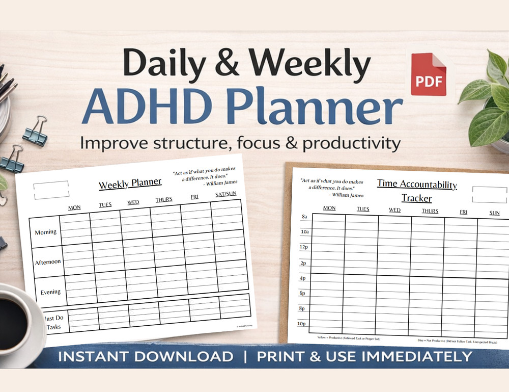 ADHD Daily Weekly PDF Planner | Daily Task Focus, Time Tracker | Digital Downloa