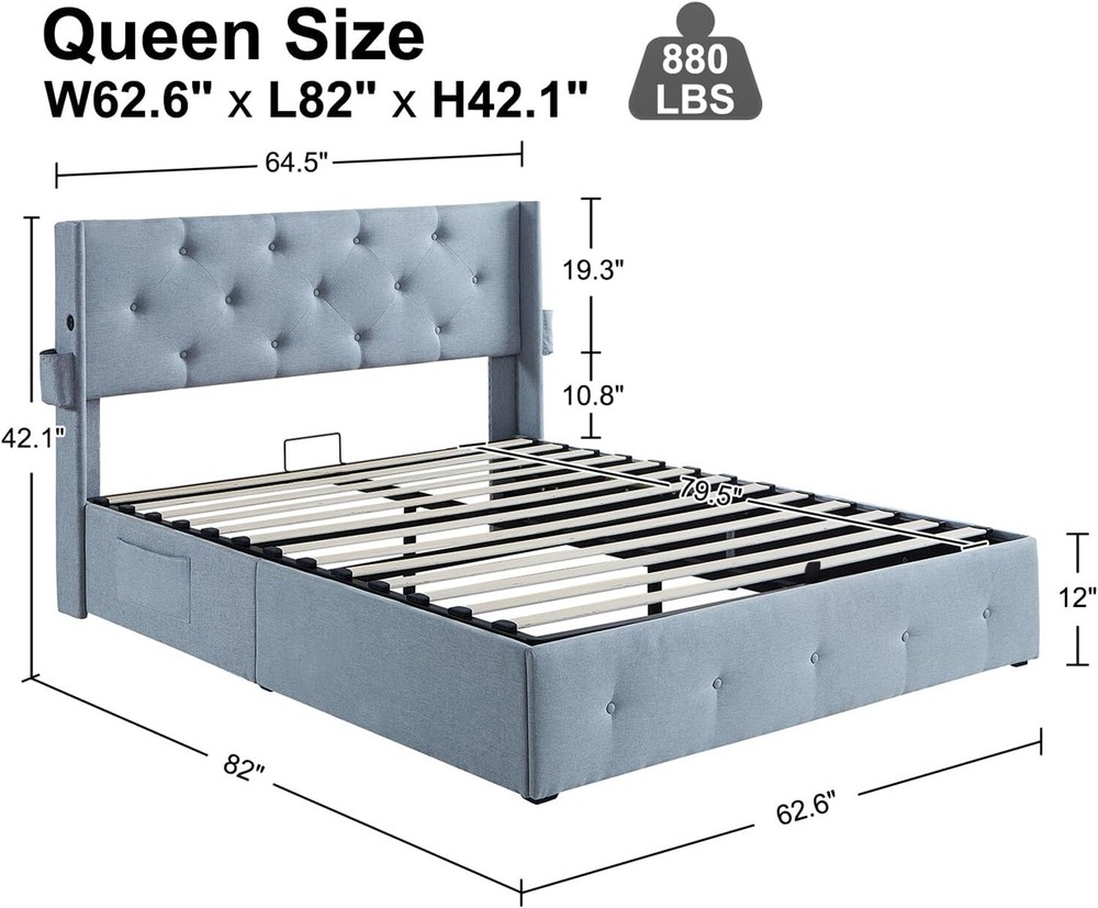 Full Size Bed Frame Upholstered Platform Bed Frame with Headboard and USB Port