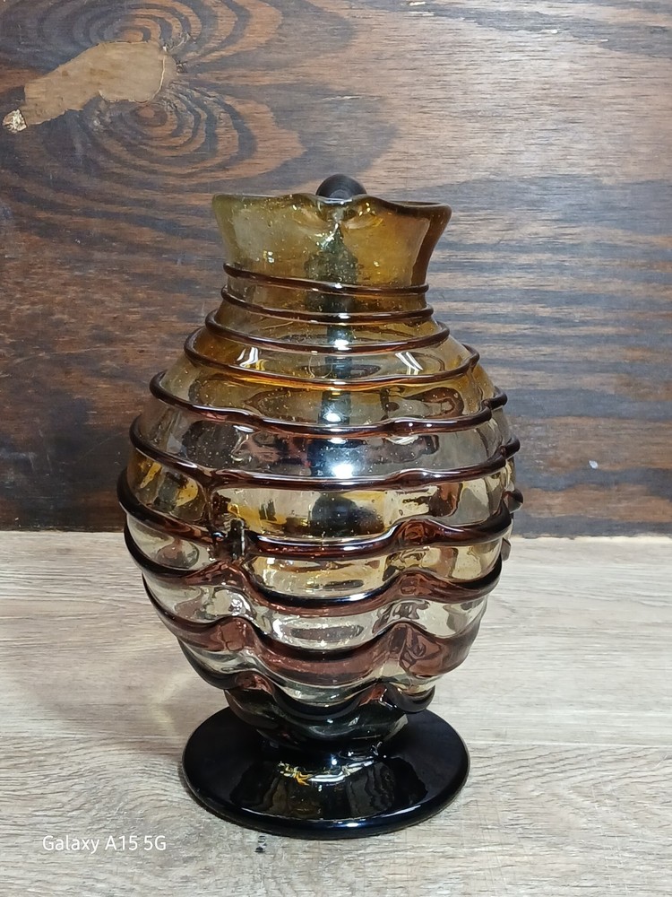 BUBBLE GLASS PITCHER Purple Stripes 18oz Attached Handle & Base