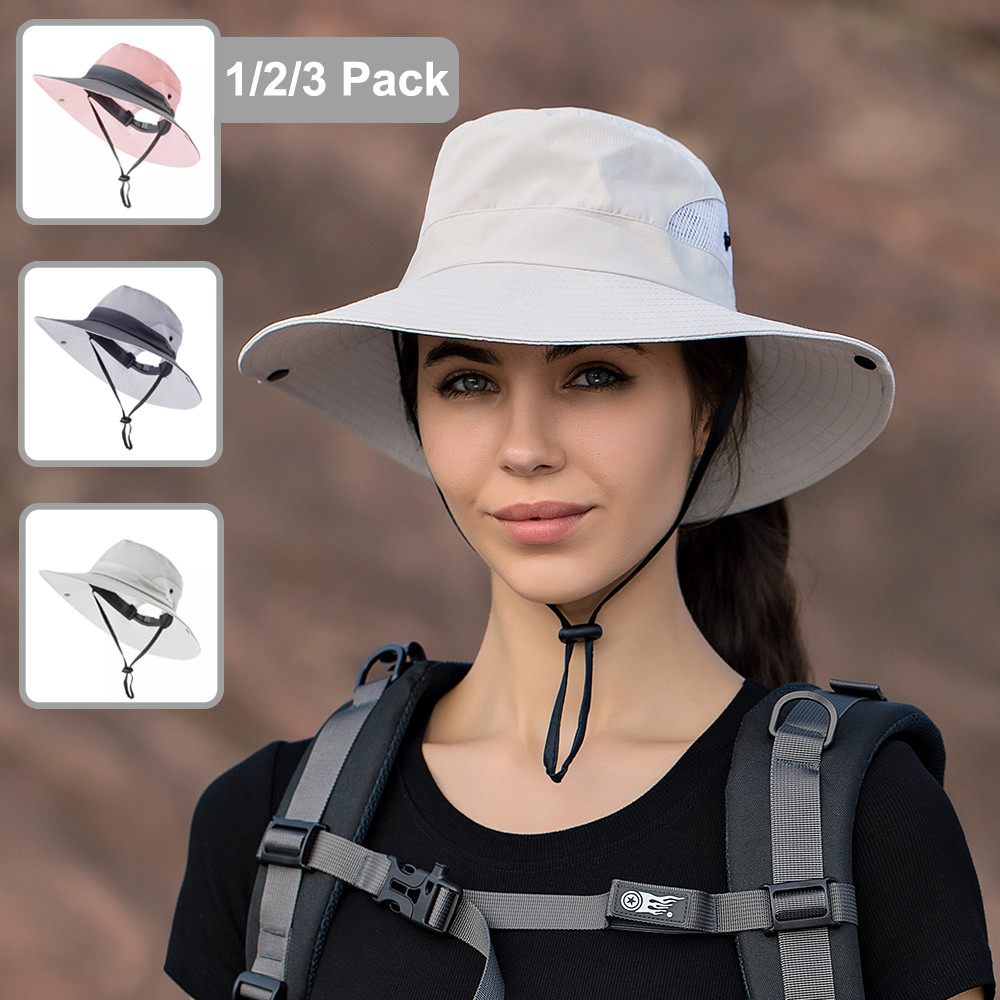 Women Sun Hat Ponytail Hole Bucket Wide Brim Boonie Summer Safari UV Protection