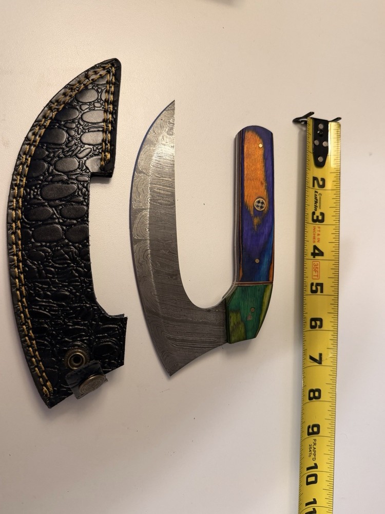 Damascus ulu-style knife