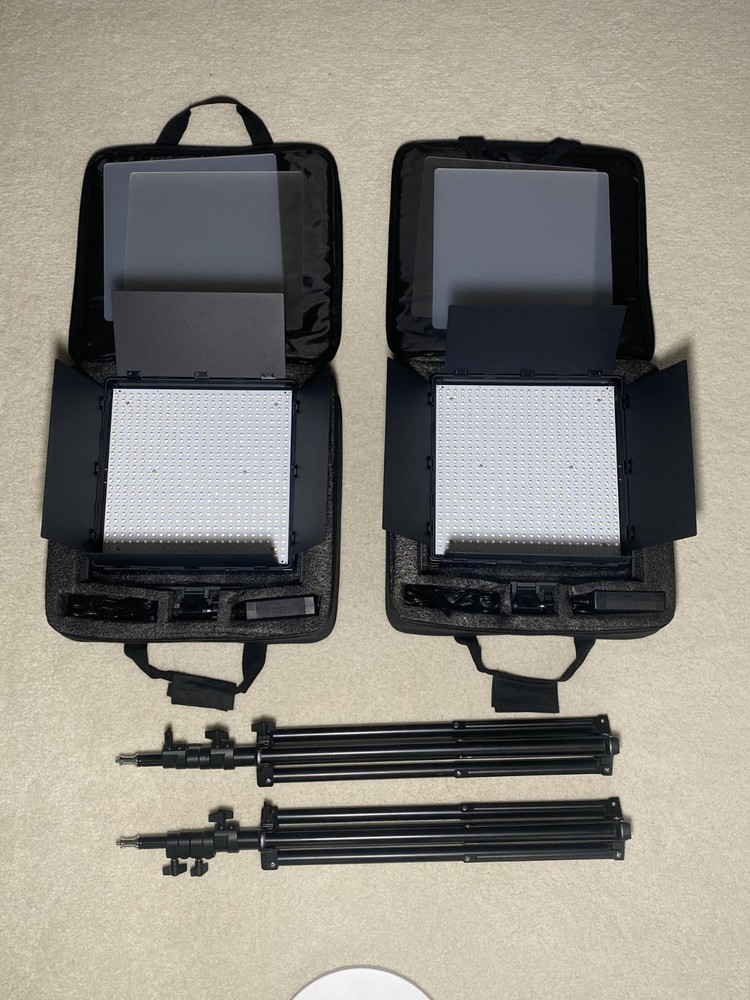 Fovitec LED Video Lighting Kit (2) Panel Lights w/ Stands, Diffusers & Cases