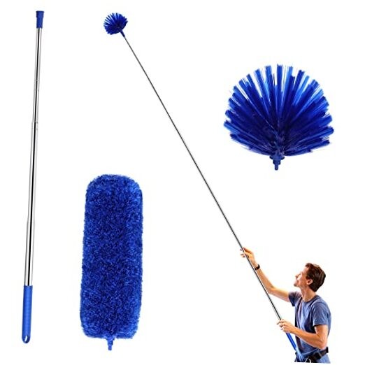 Cobweb Duster with Extension Pole, Washable Cleaning Duster Kit with 2 Blue