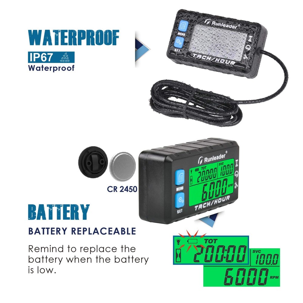 Hour Meter Tachometer, Maintenance Reminder, Alert RPM Reminder, Initial Hour...
