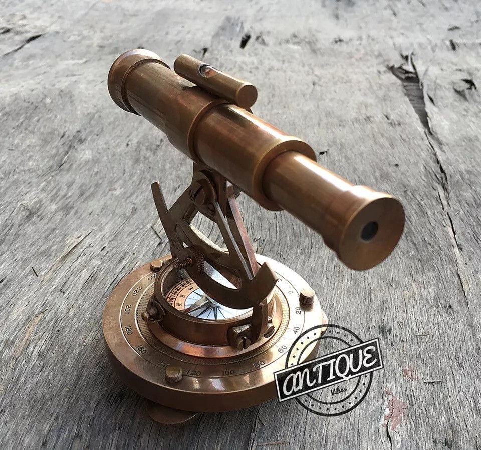 Vintage Solid Brass Theodolite Survey Alidade & Telescope Compass Instrumen