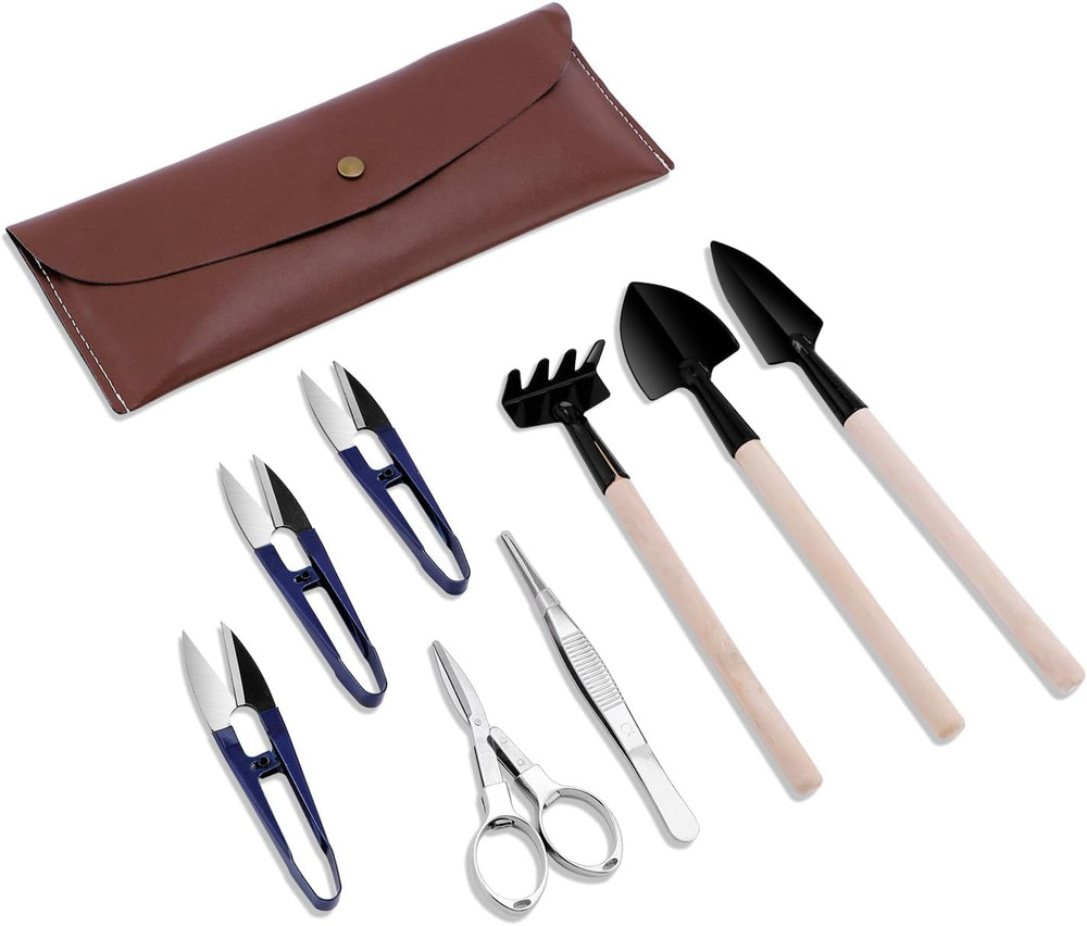 Bonsai Set 8 Pcs - Include Pruner, Fold Scissors, Mini Rake, Bud & Leaf Trimmer
