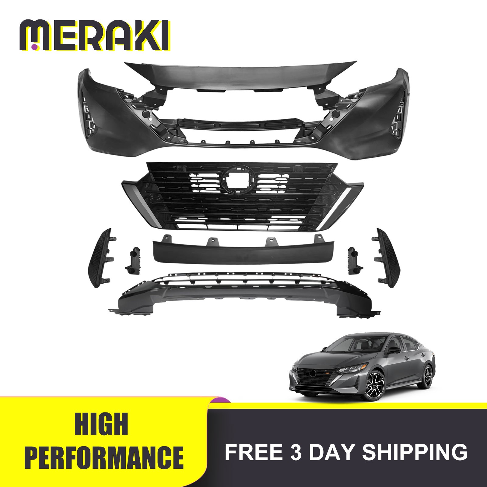 Fits 2024-2025 Nissan Sentra Front Bumper Cover Kit W/ Grille & Fog Light Cover