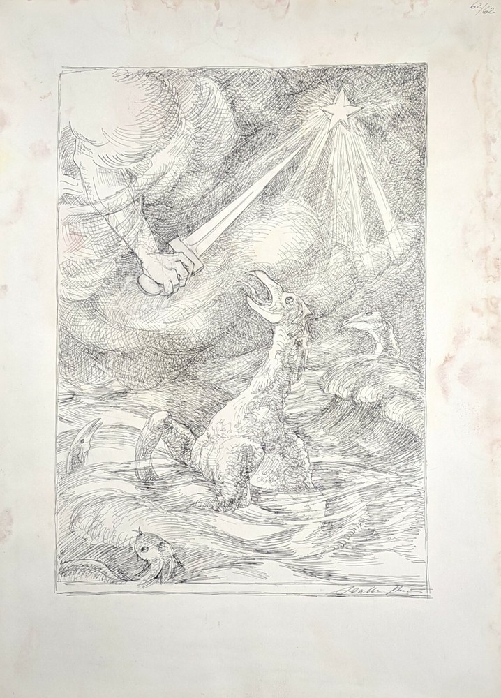 Walter Wellenstein, Isaiah, chapter, XXVII, 1, drawing, signed, dated, 1962