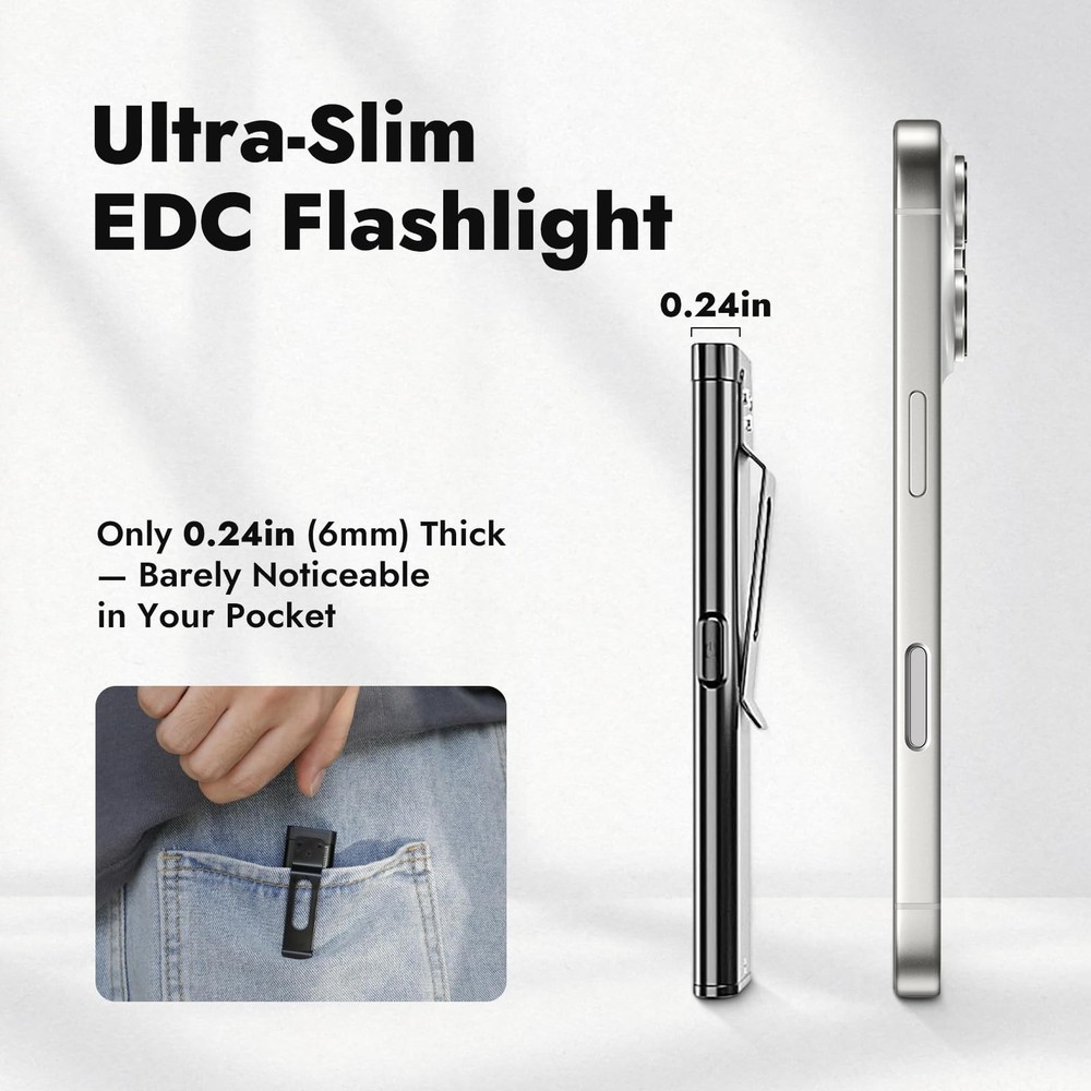 Rechargeable EDC Flashlight, Slim Pocket Flashlight with Clip, Magnetic Base LED
