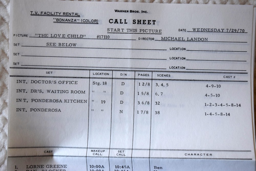1970 Bonanza "The Love Child" Original First Draft Screenplay Script+Call Sheets