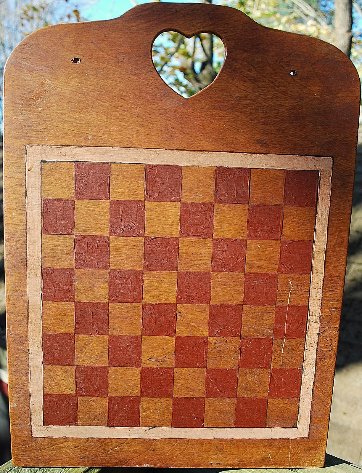 Antique PRIMITIVE HANDMADE Wood Checkerboard Original Paint Game Board 14"