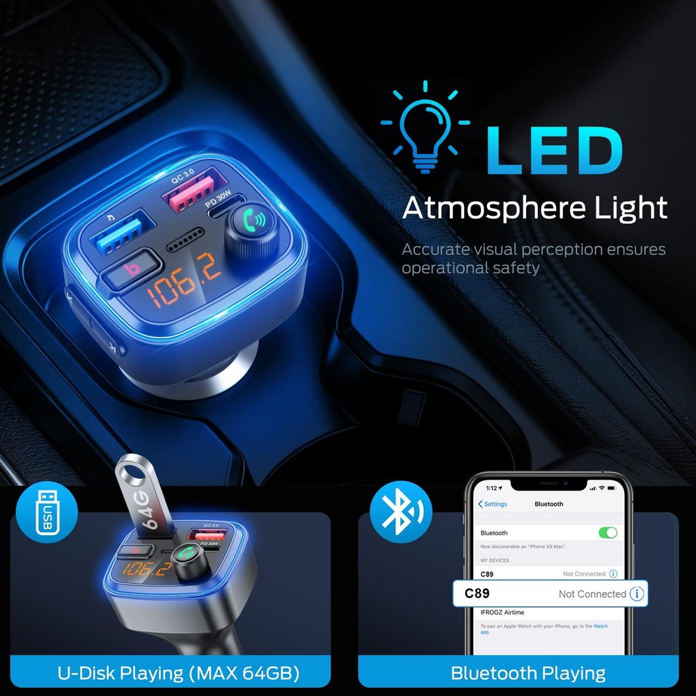 Adaptador Bluetooth 5.4 para coche, transmisor FM inalámbrico de carga rápida