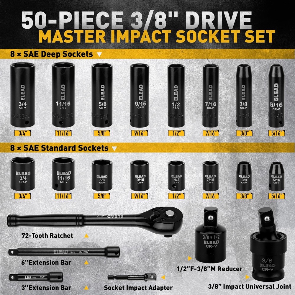 3/8'' Drive Impact Socket Set - 50-Piece Shallow & Deep Socket Set Metric and...