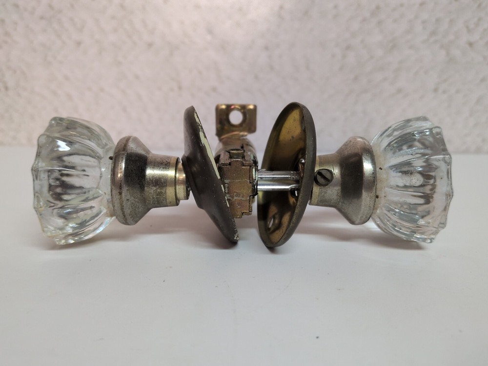 2 Sets of 12 Point GLASS Knobs BRASS Collars Spindle Strike Plate and Latch