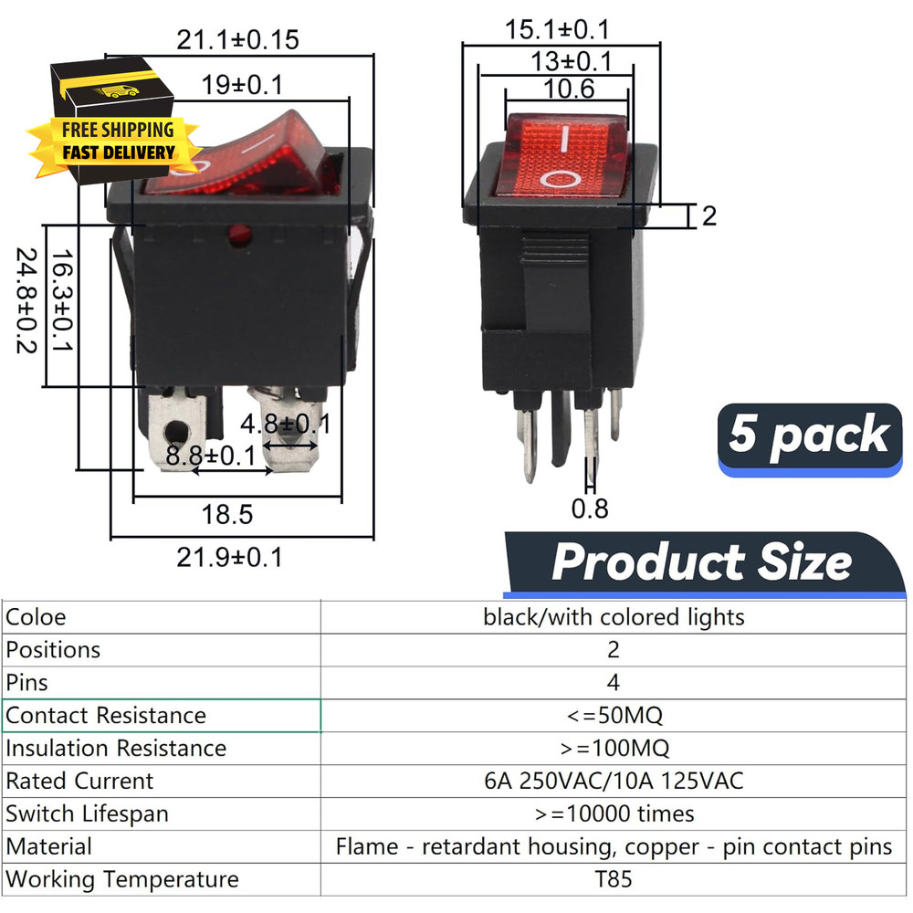 5 Pack Mini Rocker Switch, On-Off Power Switch Red Button 4 Pin Toggle Switch, L