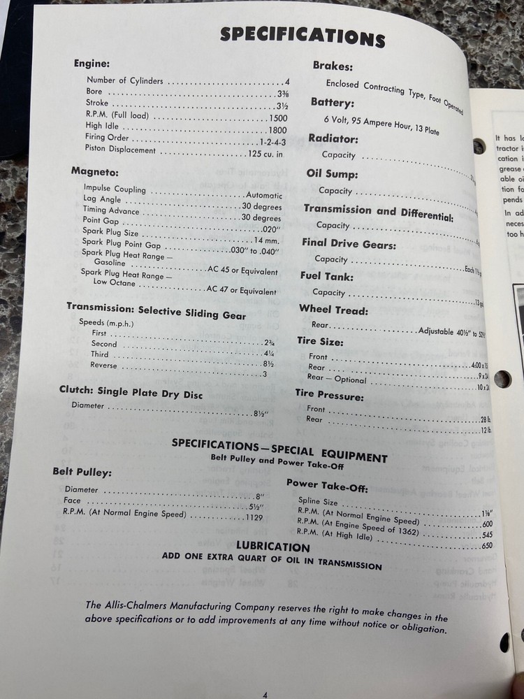ALLIS CHALMERS MODEL B OPERATORS MANUAL 70257986
