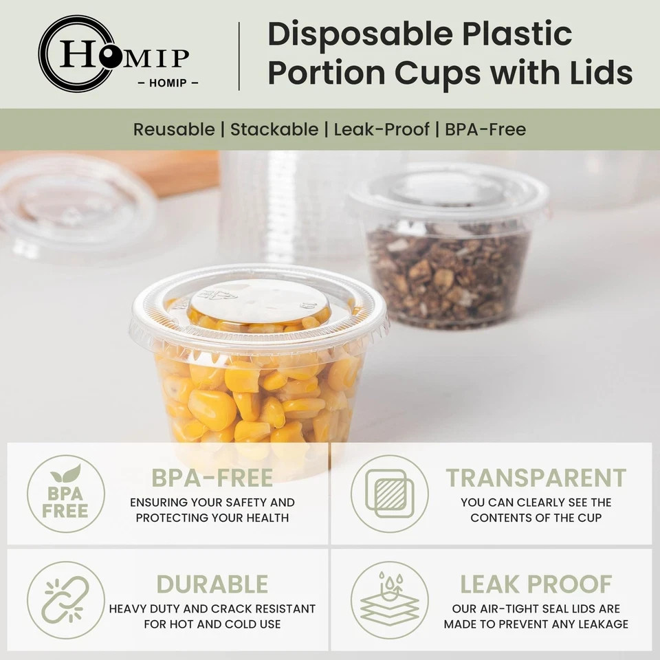 300Pack 4oz Disposable Plastic Portion Cups with Lids, Small Mini Sauce Cups ...